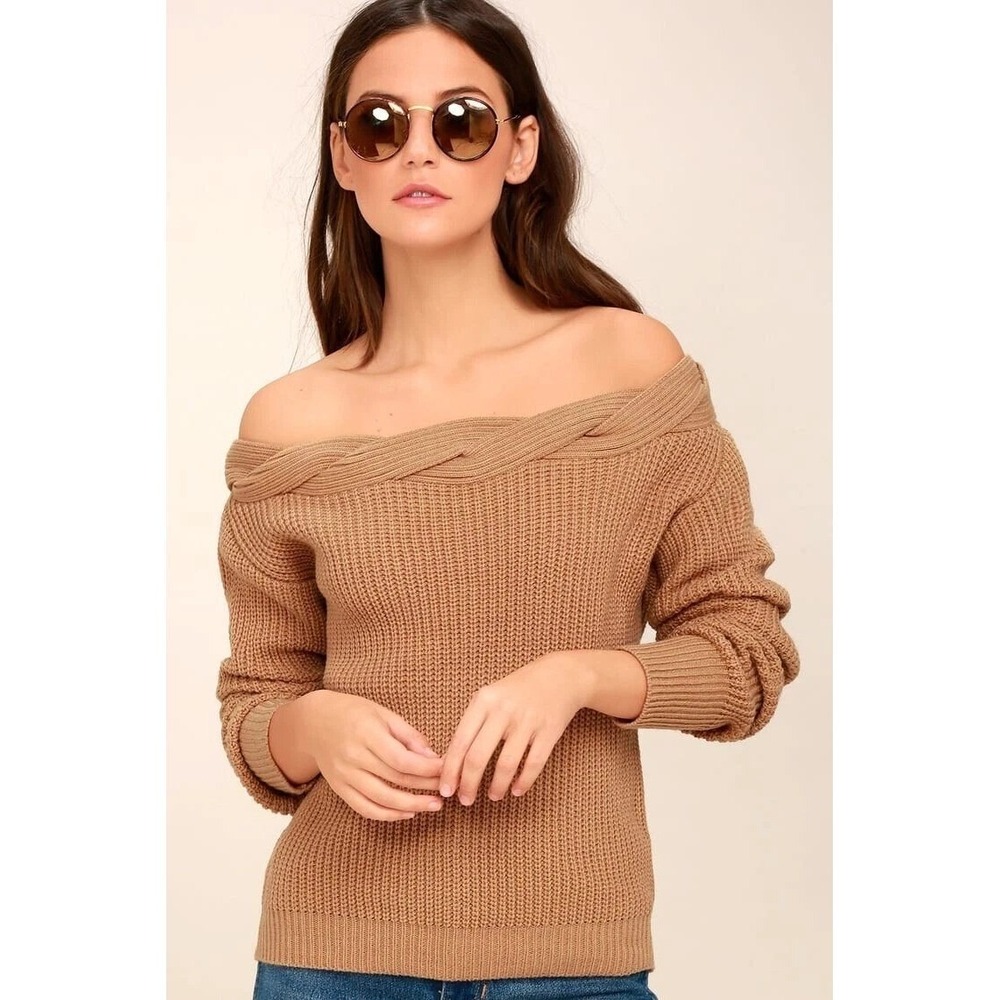 J.O.A. Off Shoulder Braided Sweater Women Small Tan Minimalist Cozy Neutral Chic